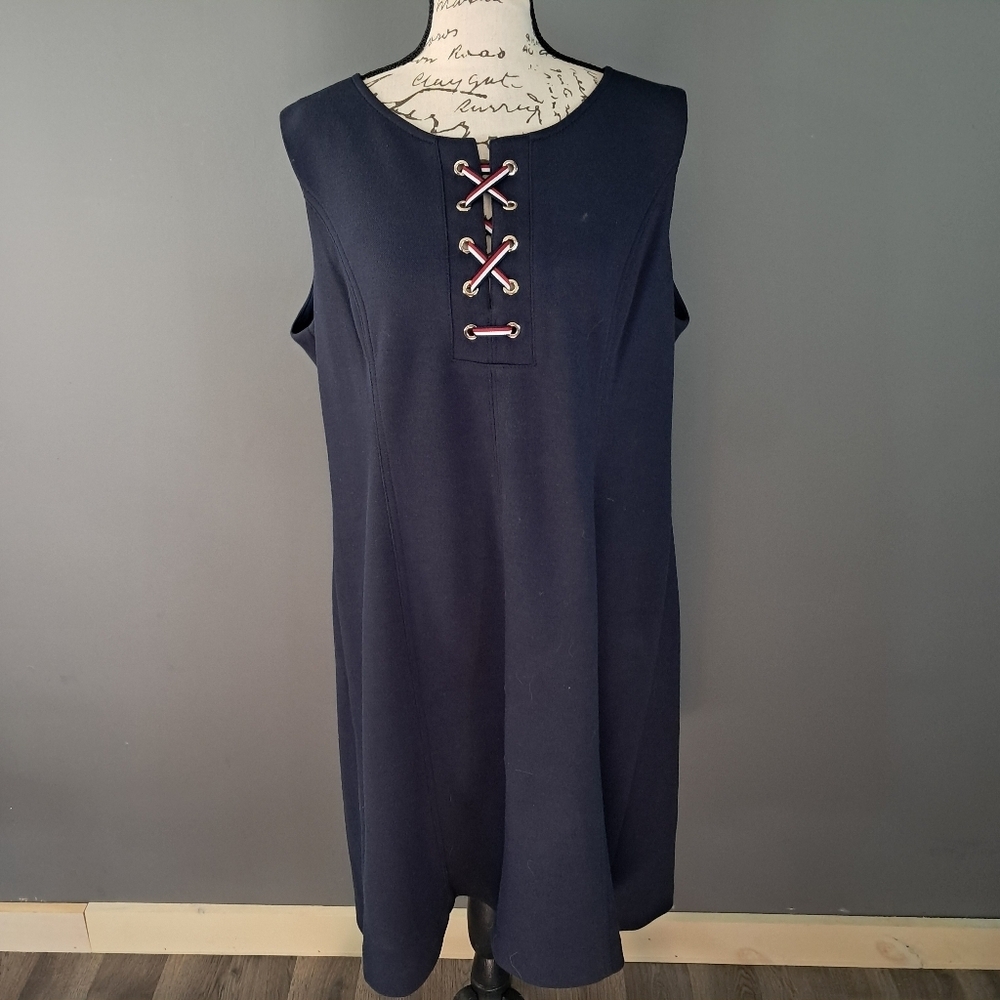 Womens Tommy Hilfiger Sleeveless Lace Up Front Sheath Dress Navy Blue 16